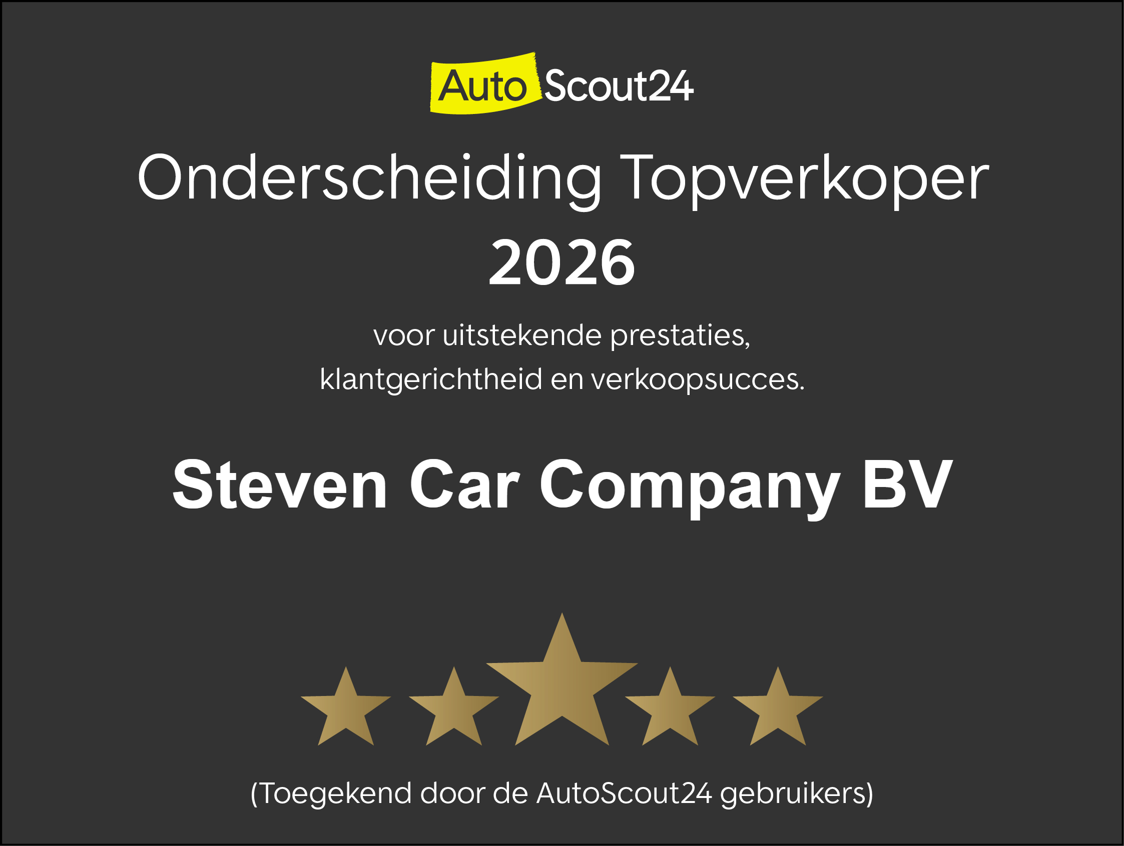 AutoScout24 Onderscheiding Topverkoper 2026 – Steven Car Company BV